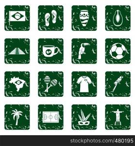 Brazil travel symbols icons set in grunge style green isolated vector illustration. Brazil travel symbols icons set grunge