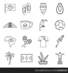 Brazil travel symbols icons set. Outline illustration of 16 Brazil travel symbols vector icons for web. Brazil travel symbols icons set, outline style