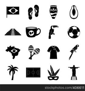 Brazil travel symbols icons set. Simple illustration of 16 Brazil travel symbols vector icons for web. Brazil travel symbols icons set, simple style