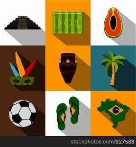 Brazilan symbols icon set. Flat style set of 9 brazilan symbols vector icons for web design. Brazilan symbols icon set, flat style