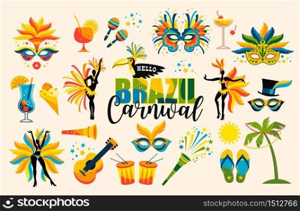 Brazilian Carnival. Big set of vector icons. Design elements.. Brazilian Carnival. Set of icons. Vector.