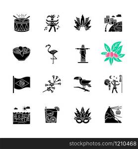 Brazilian carnival black glyph icons set on white space. Street party. South America traditions. Flamingo. Jesus statue. Sand castle on the coast. Silhouette symbols. Vector isolated illustration