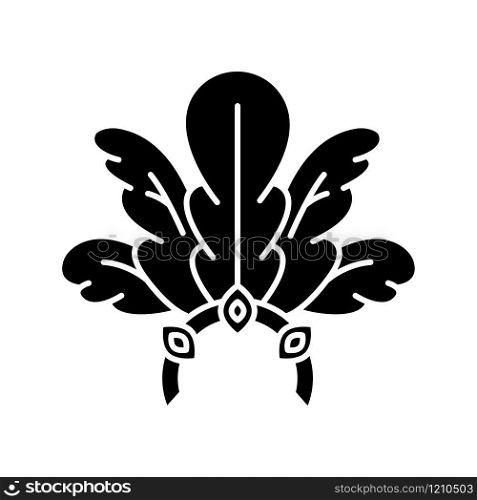 Brazilian carnival headwear black glyph icon. Crown with plumage and jewels. Traditional clothing. Ethnic festival. Masquerade parade. Silhouette symbol on white space. Vector isolated illustration