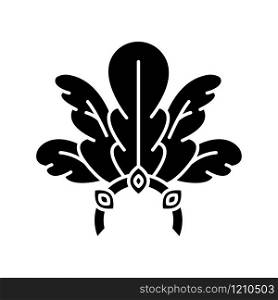 Brazilian carnival headwear black glyph icon. Crown with plumage and jewels. Traditional clothing. Ethnic festival. Masquerade parade. Silhouette symbol on white space. Vector isolated illustration