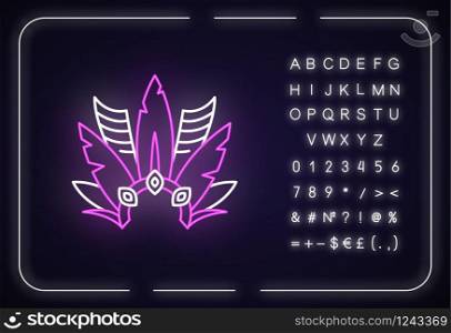 Brazilian carnival headwear neon light icon. Crown with plumage. Mask. Outer glowing effect. Sign with alphabet, numbers and symbols. Vector isolated RGB color illustration