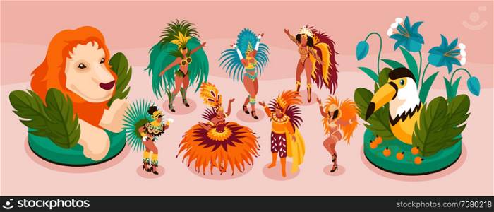 Brazilian carnival isometric narrow set with tourism and fun symbols isolated vector illustration