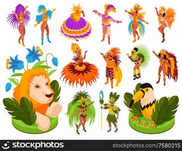 Brazilian carnival isometric set with costumes and performance symbols isolated vector illustration