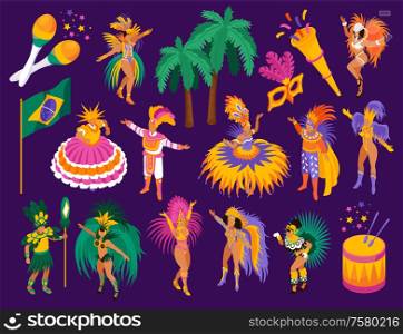 Brazilian carnival isometric set with festival and fun symbols isolated vector illustration