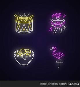 Brazilian carnival neon light icons set. Traditional music. Arancini. Festive drum parade. National festival. Flamingo. Signs with outer glowing effect. Vector isolated RGB color illustrations