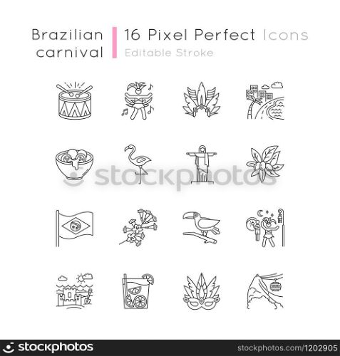 Brazilian carnival pixel perfect linear icons set. Street party. South America traditions. Flamingo. Customizable thin line contour symbols. Isolated vector outline illustrations. Editable stroke