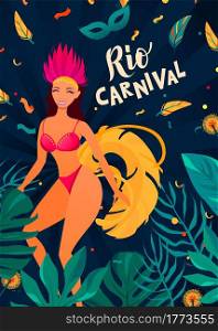 Brazilian carnival posters with colorful party elements. Carnival hand lettering text. Rio de Janeiro dancer wearing a festival costume.