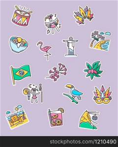 Brazilian carnival printable patches. Street party. RGB color stickers, pins and badges set. South America traditions. Flamingo. Jesus statue. Sand castle on the coast. Vector isolated illustrations
