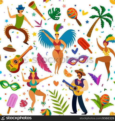 Brazilian carnival seamless pattern. Dancers and maracas, palm tree, masks and feathers, latino dance festival wallpaper vector texture. Pattern seamless wallpaper latin masquerade, brazilian holiday. Brazilian carnival seamless pattern. Dancers and maracas, palm tree, masks and feathers, latino dance festival wallpaper vector texture