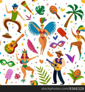 Brazilian carnival seamless pattern. Dancers and maracas, palm tree, masks and feathers, latino dance festival wallpaper vector texture. Pattern seamless wallpaper latin masquerade, brazilian holiday. Brazilian carnival seamless pattern. Dancers and maracas, palm tree, masks and feathers, latino dance festival wallpaper vector texture