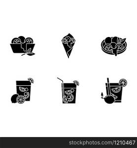 Brazilian cuisine black glyph icons set on white space. Arancini. ?heese bread. Caipirinha. Alcoholic beverage, lime. Traditional food and cocktail. Silhouette symbols. Vector isolated illustration