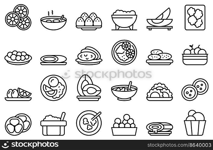 Brazilian culinary icons set outline vector. Arancini bread. Rice plate. Brazilian culinary icons set outline vector. Arancini bread