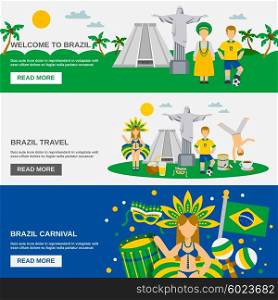 Brazilian Culture 3 Flat Banners Set. Brazil cultural travel information interactive web page 3 flat banners set for tourist and visitors abstract vector illustration