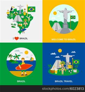 Brazilian Culture 4 Flat Icons Square. World cultural travel 4 flat icons square composition with brazilian national symbols and colors abstract vector illustration