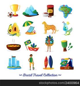 Brazilian culture food and traditions for travelers with country map flat icons collection abstract vector isolated illustration. Brazilian Culture Symbols Flat Icons Set