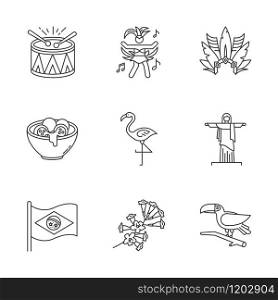 Brazilian culture pixel perfect linear icons set. Traditional masquerade. Flamingo. Jesus statue. Carnival hat. Customizable thin line symbols. Isolated vector outline illustrations. Editable stroke