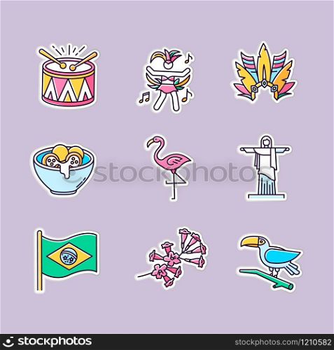 Brazilian culture printable patches. Traditional masquerade. RGB color stickers, pins and badges set. Flamingo. Jesus statue. Carnival hat. Samba. Vector isolated illustrations