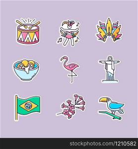 Brazilian culture printable patches. Traditional masquerade. RGB color stickers, pins and badges set. Flamingo. Jesus statue. Carnival hat. Samba. Vector isolated illustrations