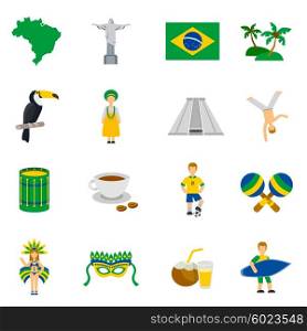 Brazilian Culture Symbols Flat Icons Set. Brazilian culture and tradition symbols with country map flat icons collection in national colors abstract vector isolated illustration