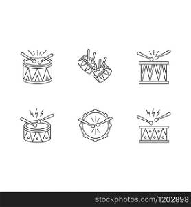 Brazilian music pixel perfect linear icons set. Drums with drumsticks. Samba. Festive drum parade. Customizable thin line contour symbols. Isolated vector outline illustrations. Editable stroke