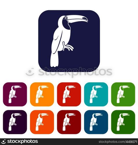Brazilian toucan icons set vector illustration in flat style In colors red, blue, green and other. Brazilian toucan icons set flat