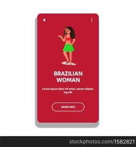 Brazilian Woman Smiling Positive Person Vector. Young Brazilian Woman With Rose In Curly Brunette Hair. Laughing Beautiful Hispanic Ethnic Character Lady Web Flat Cartoon Illustration. Brazilian Woman Smiling Positive Person Vector
