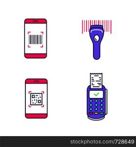 Brcodes color icons set. Smartphone barcode scanner, linear code reader, scanning app, payment terminal receipt. Isolated vector illustrations. Brcodes color icons set