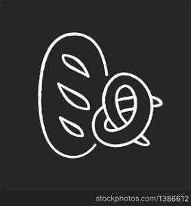 Bread and bakery chalk white icon on black background. Fresh wheat loaf. Pretzel with crust. Bun for eating. Pastry products. Nutrition and dietary. Isolated vector chalkboard illustration. Bread and bakery chalk white icon on black background