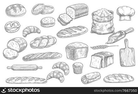 Bread and bakery food sketch vector icons baked loaf, rye and wheat bread, croissants and pretzel. Braided buns and french baguette, rolling pin, toque and scoop engraving retro bakery shop assortment. Bread and bakery food sketches, engraved pastry