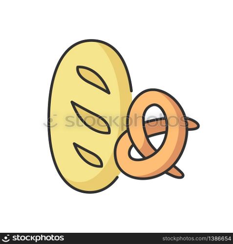 Bread and bakery RGB color icon. Fresh wheat loaf. Pretzel with crust. Bun for eating. Pastry products. Baked snacks. Nutrition and dietary. Supermarket category. Isolated vector illustration. Bread and bakery RGB color icon