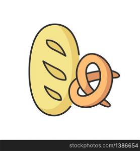 Bread and bakery RGB color icon. Fresh wheat loaf. Pretzel with crust. Bun for eating. Pastry products. Baked snacks. Nutrition and dietary. Supermarket category. Isolated vector illustration. Bread and bakery RGB color icon