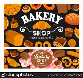 Bread and bakery vector. Baker shop bake bagels and buns assortment. Fresh and tasty baking rye sweet dessert donut, bread, croissant and baguette, pretzel and cupcake. Bread and bakery pastry vector poster