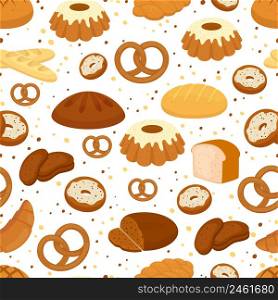 Bread and baking seamless pattern in square format with bagels pretzels muffins loaves of bread croissants cakes and donuts vector illustration for wrapping or wallpaper and textiles