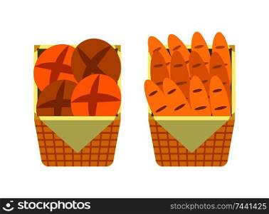 Bread and buns in wicker baskets, showcase of bakery sellers shop vector. Isolated icons flat style, baked products, food of wheat flour counter stall. Bread and Buns in Basket Showcase of Bakery Seller