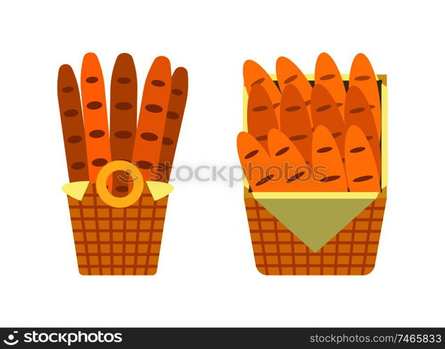 Bread and buns in wicker baskets, showcase of bakery sellers shop vector. Isolated icons flat style, baked products, food of wheat flour counter stall. Bread and Buns in Basket Showcase of Bakery Seller