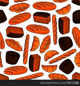 Bread and buns seamless pattern for bakery and pastry shop or kitchen interior design with braided sweet buns and croissants, healthful dark rye and pumpernickel bread, french baguettes and wheat long loaves on white background. Bread and buns seamless pattern for bakery design