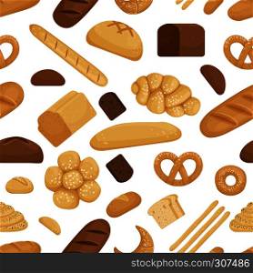 Bread and other bakery foods in funny cartoon style. Vector seamless pattern. Illustration of bread drawing pattern. Bread and other bakery foods in funny cartoon style. Vector seamless pattern illustration