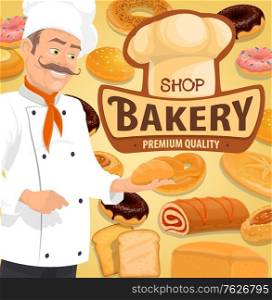 Bread and pastry, confectionery and patisserie chef vector. Bread and cakes menu, croissant and baguette, sweet buns and wheat toasts, donuts sweet rolls, baker in toque hat with bun. Bread and pastry, baker chef with bun