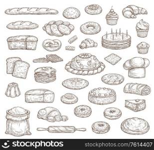 Bread and pastry isolated sketch icons, vector food of bakery shop. Bread, cake, baguette and croissant, cupcake, toast, donut and muffin, bun, pretzel, pie, cookie and waffle, cereal flour and dough. Bread, pastry isolated sketch icons, bakery food