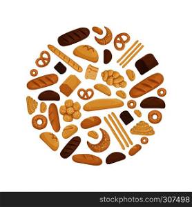Bread and tasty bakery foods in circle shape. Vector illustration in cartoon style. Tasty fresh bread and bakery snack for breakfast and lunch. Bread and tasty bakery foods in circle shape. Vector illustration in cartoon style