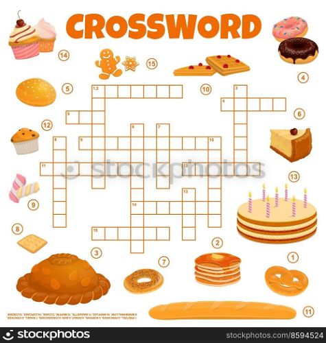 Bread, bakery and confectionery, crossword grid to find word, vector quiz game. Crossword worksheet grid to guess words of pastry waffle, cake or cupcake and cracker cookie, pretzel and marshmallow. Bread, bakery or confectionery crossword grid game
