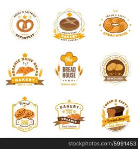 Bread Bakery Emblems Flat Icons Set. Family business traditional bakery emblems collection for daily fresh bread cookies and pastry abstract vector isolated illustration