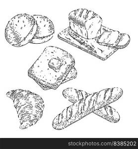 bread bakery food set hand drawn vector. pastry loaf, flour bun, whead croussant, breakfast toast, french bake bread bakery food sketch. isolated black illustration. bread bakery food set sketch hand drawn vector
