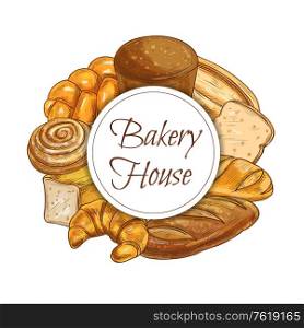 Bread, bakery shop sketch baked food and pastry, baguette, loaf, croissant and buns, vector banner. Bakery house wheat rustic bread toasts, rye black loaf, bagels and sweet roll pies. Bread, bakery shop sketch banner, baked food