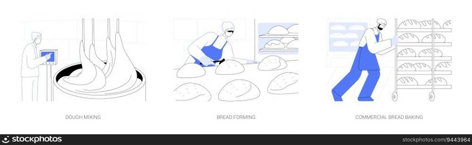 Bread baking abstract concept vector illustration set. Dough mixing, bread forming, commercial flour products manufacturing business, food industry, baking baguette abstract metaphor.. Bread baking abstract concept vector illustrations.