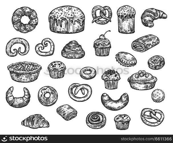 Bread, buns, cakes and pastry desserts vector sketch. Isolated wheat bagel, toast or croissant and bun, sweet chocolate donut and pie with gingerbread cookie biscuits. Bakery shop. Bakery shop bread and dessert cakes, vector sketch